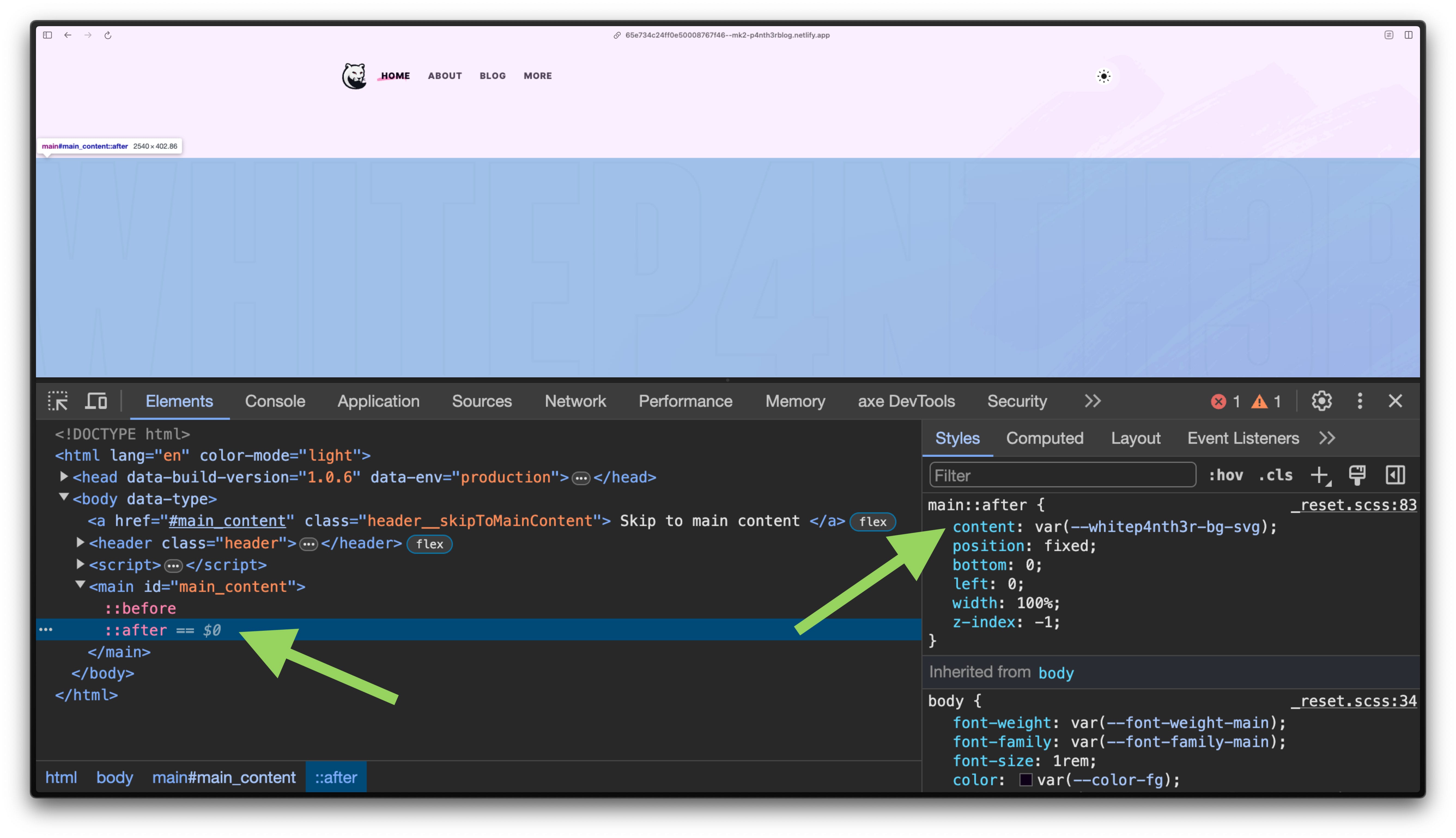 Chrome DevTools showing a ::after pseudo element with a background SVG using fixed position and z-index -1