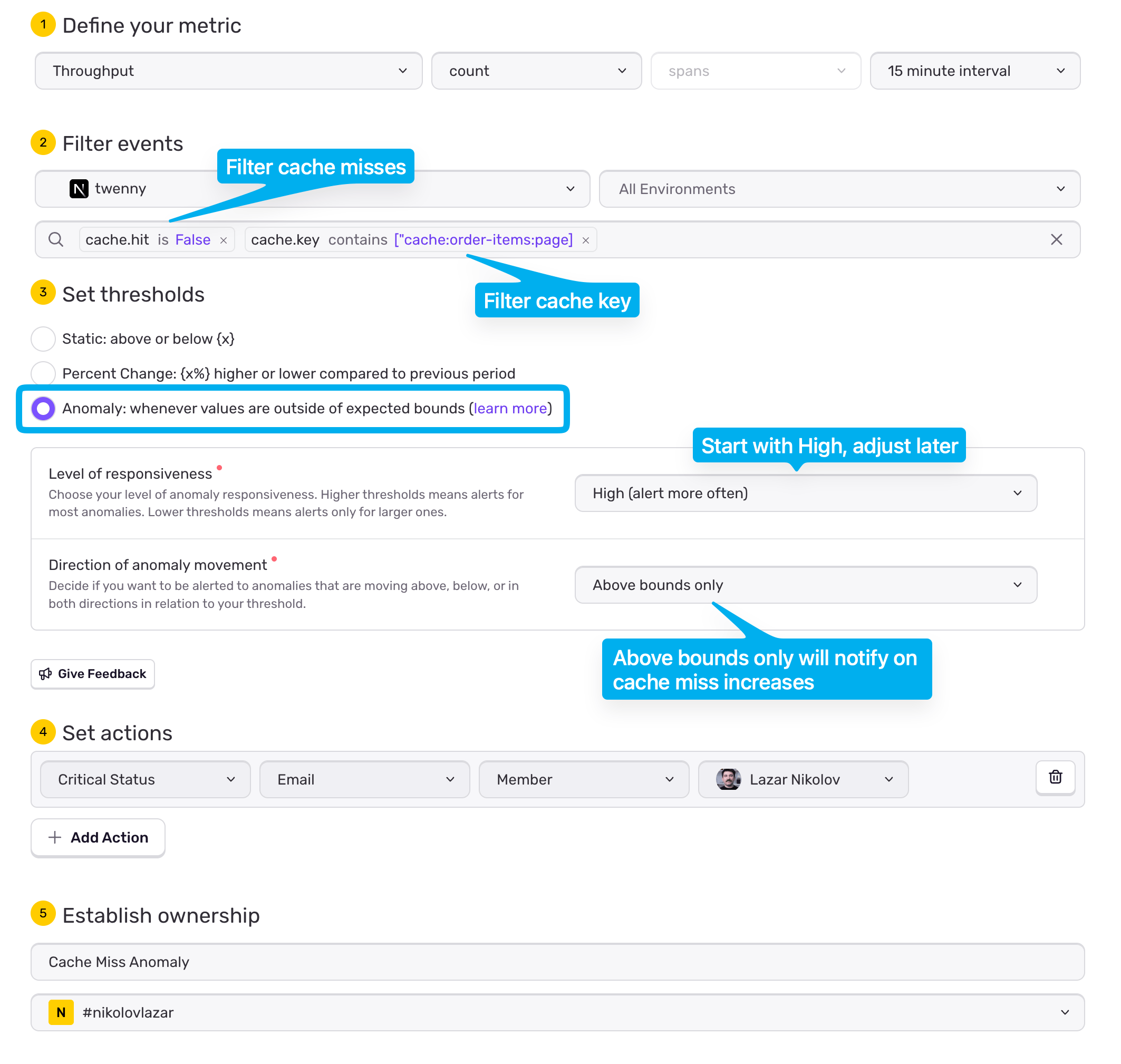Sentry alert configuration for cache miss anomaly detection. Filters set for twenny project with cache.key containing "cache:order-items:page". Anomaly threshold set to High sensitivity with above bounds only direction.