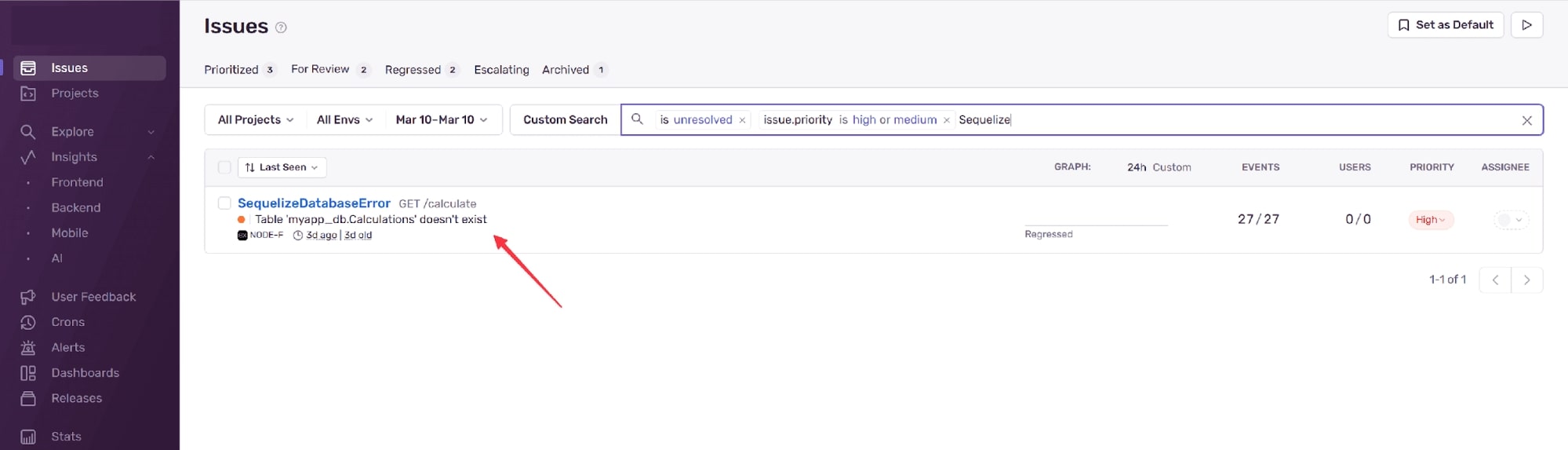 An issue in Sentry showing the "Table doesn't exist" error.