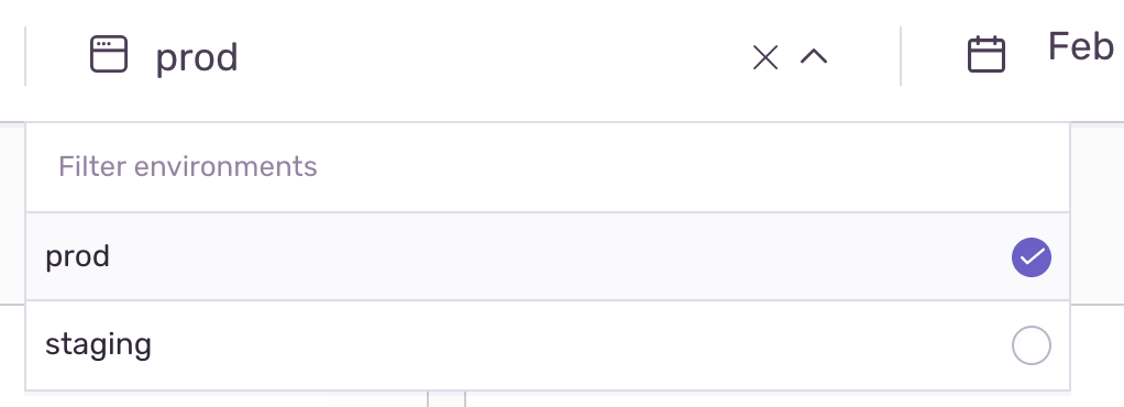 Sentry environment filter dropdown with prod selected and staging available