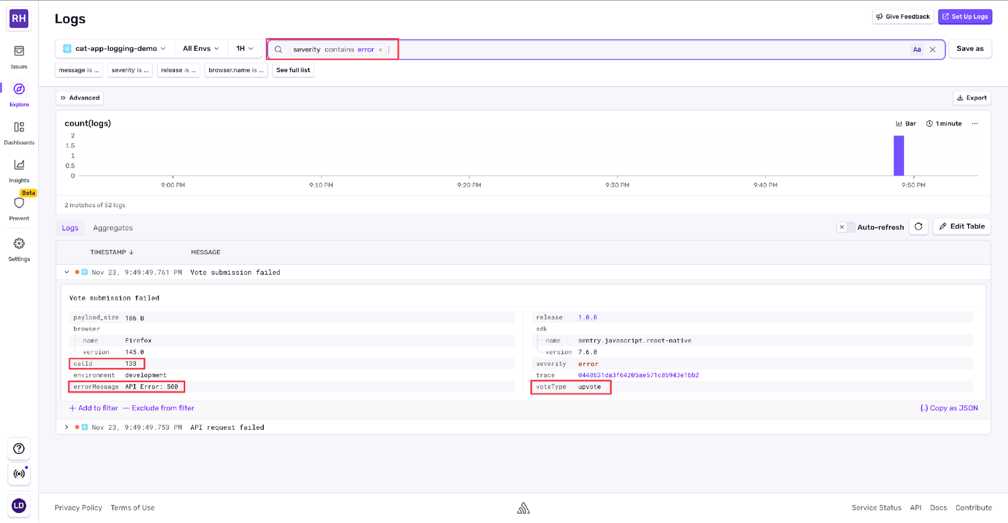 Logs dashboard filtered to error-level events, showing a failed vote submission with detailed error metadata including API error code, custom fields like cat ID and vote type, and a timeline of error activity.