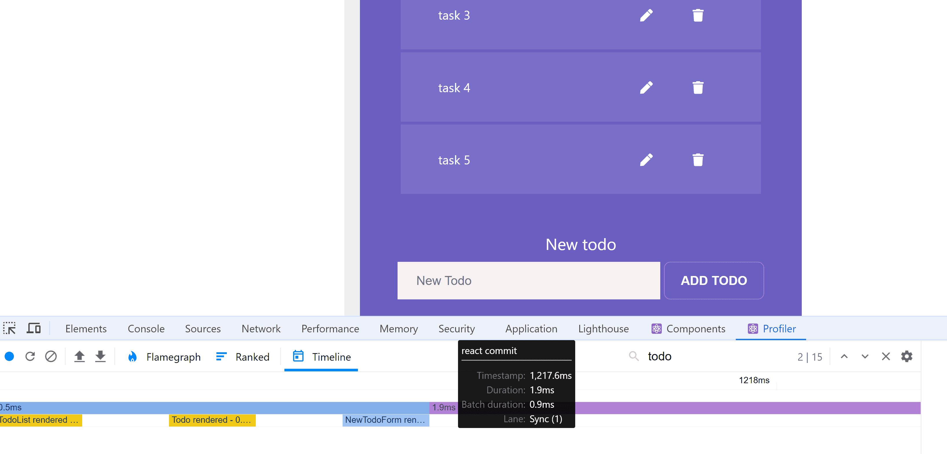 React Profiler Timeline tab showing commit timestamps and component render durations for a todo app