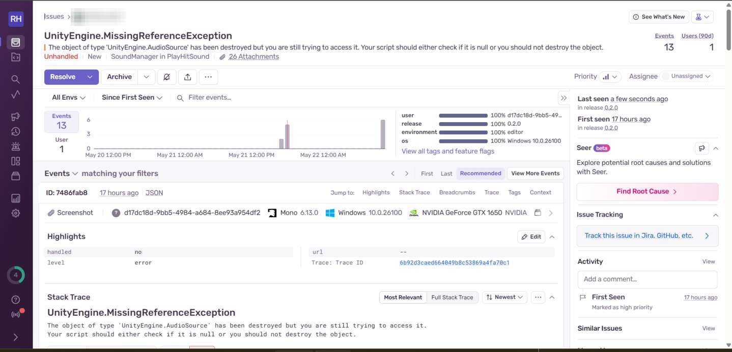 Sentry dashboard showing the issue details
