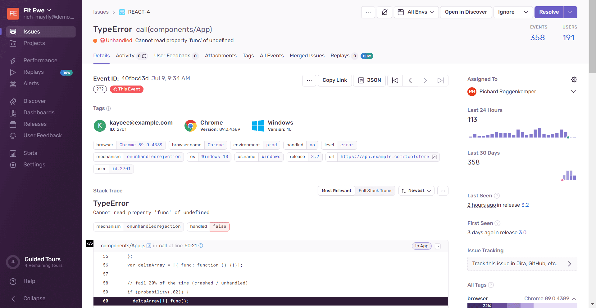 Sentry issue detail page showing a TypeError with stack trace, breadcrumbs, and event metadata