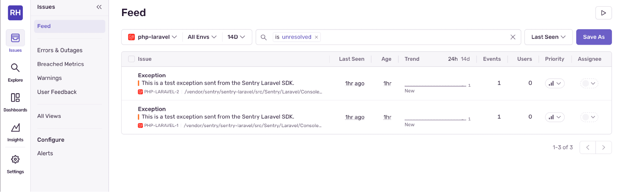 The Sentry dashboard with the Issue feed visible, showing two new exceptions.