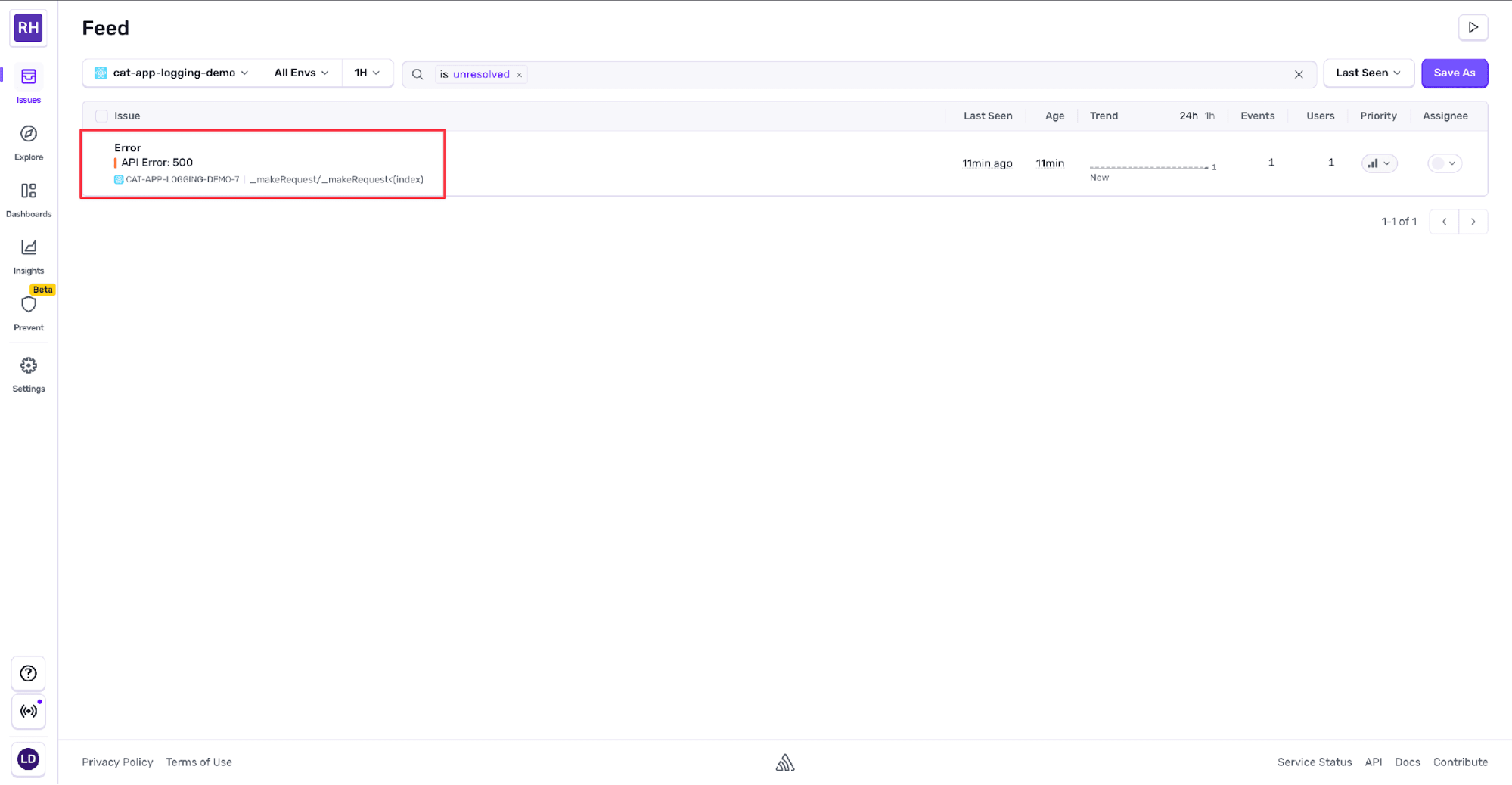 Feed view showing a single unresolved error issue, “API Error: 500,” with project name, stack trace reference, and metadata such as last seen time, event count, and affected users.