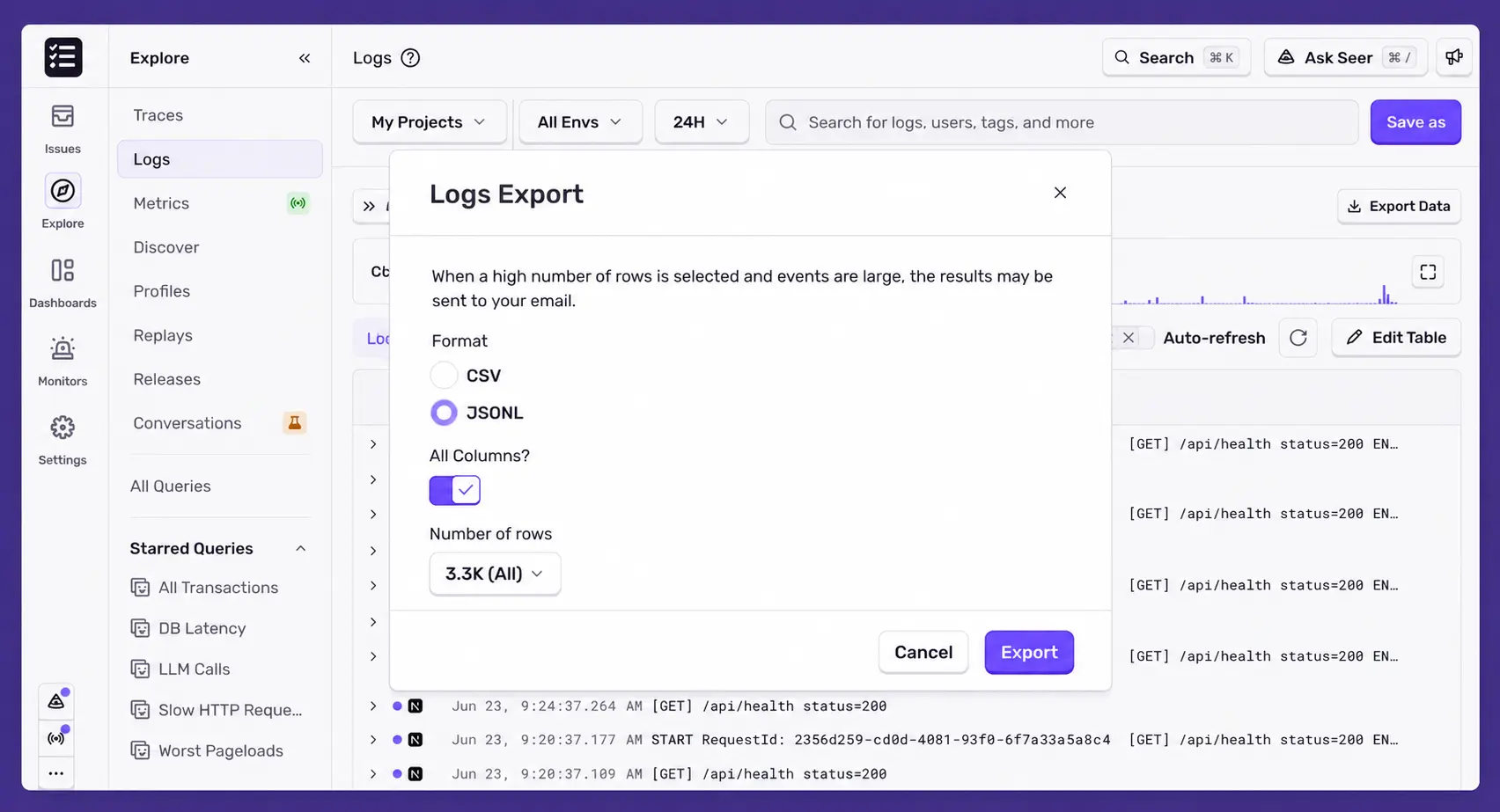 Sentry Logs Export modal with CSV and JSONL format options, column selection, and row count dropdown