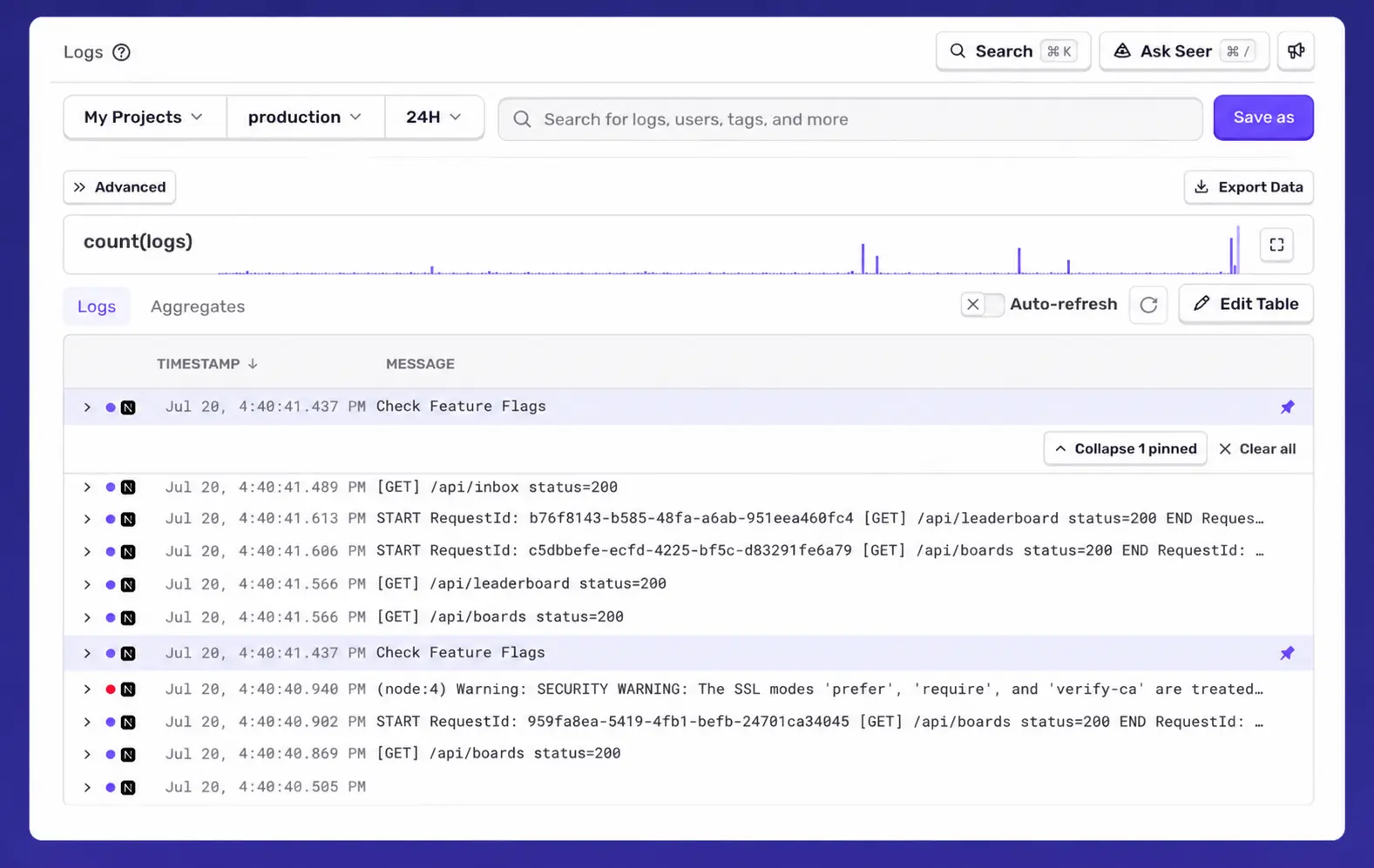 Sentry Logs viewer showing a pinned log line highlighted at the top of the table with a collapse control