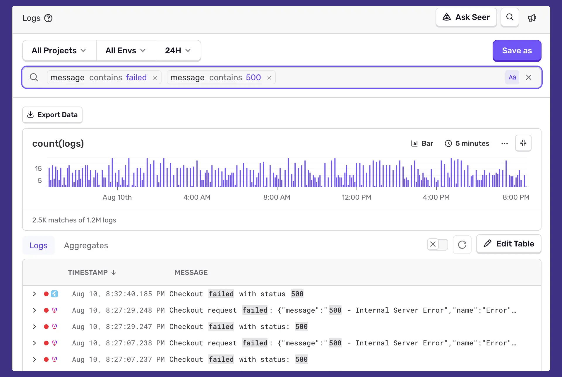 Sentry Logs search results with multiple terms highlighted in matching log messages showing checkout failures
