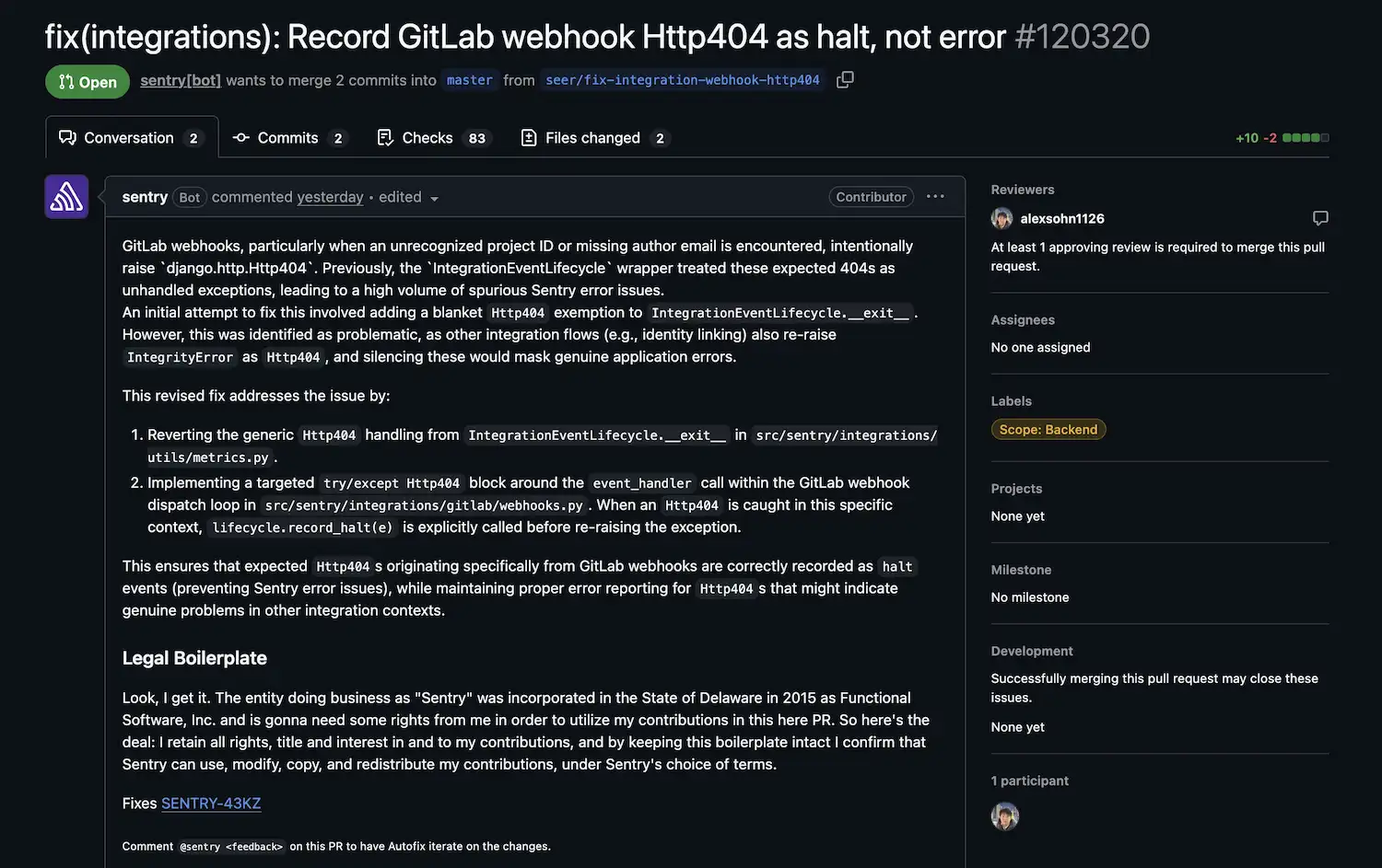 Open pull request created by Seer in the Sentry GitHub repository