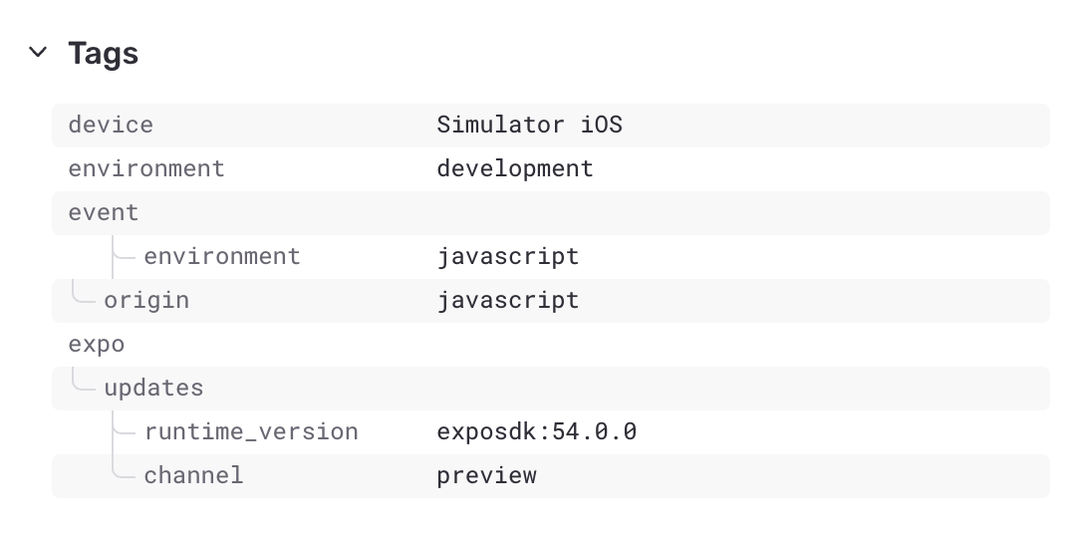 Sentry issue detail showing OTA update context with update ID, channel, runtime version, and launch duration tags
