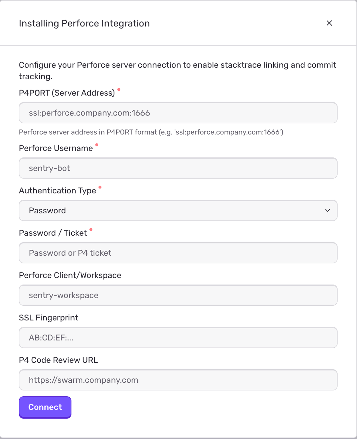 Installing Perforce Integration dialog in Sentry with fields for P4PORT server address, username, authentication type, password or ticket, client workspace, SSL fingerprint, and P4 Code Review URL