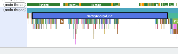 Perfetto trace of the main thread with the SentryAndroid.init slice highlighted during a macrobenchmark