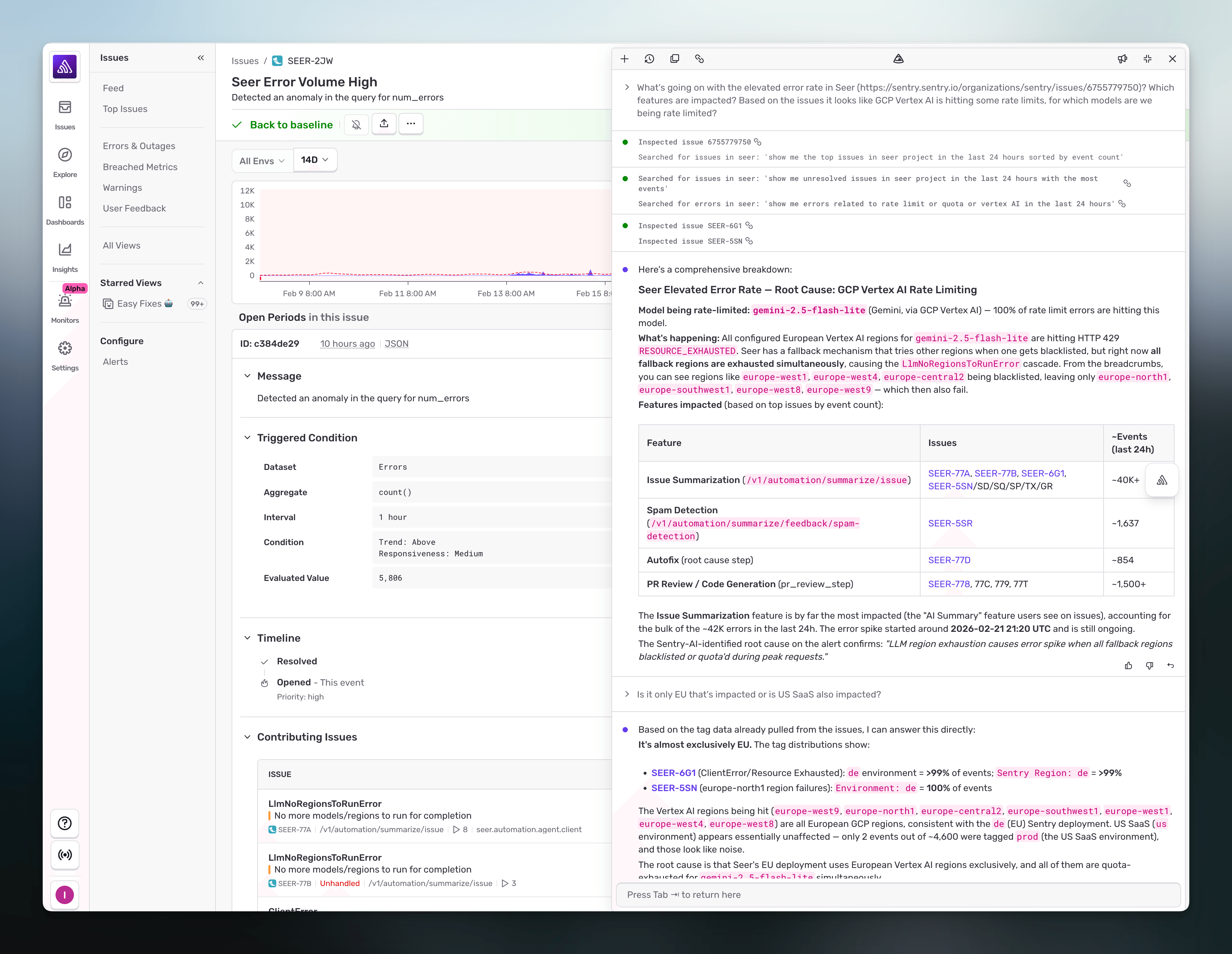Seer Agent in the Sentry UI investigating elevated error rates and identifying GCP Vertex AI rate limiting on gemini-2.5-flash-lite across European regions