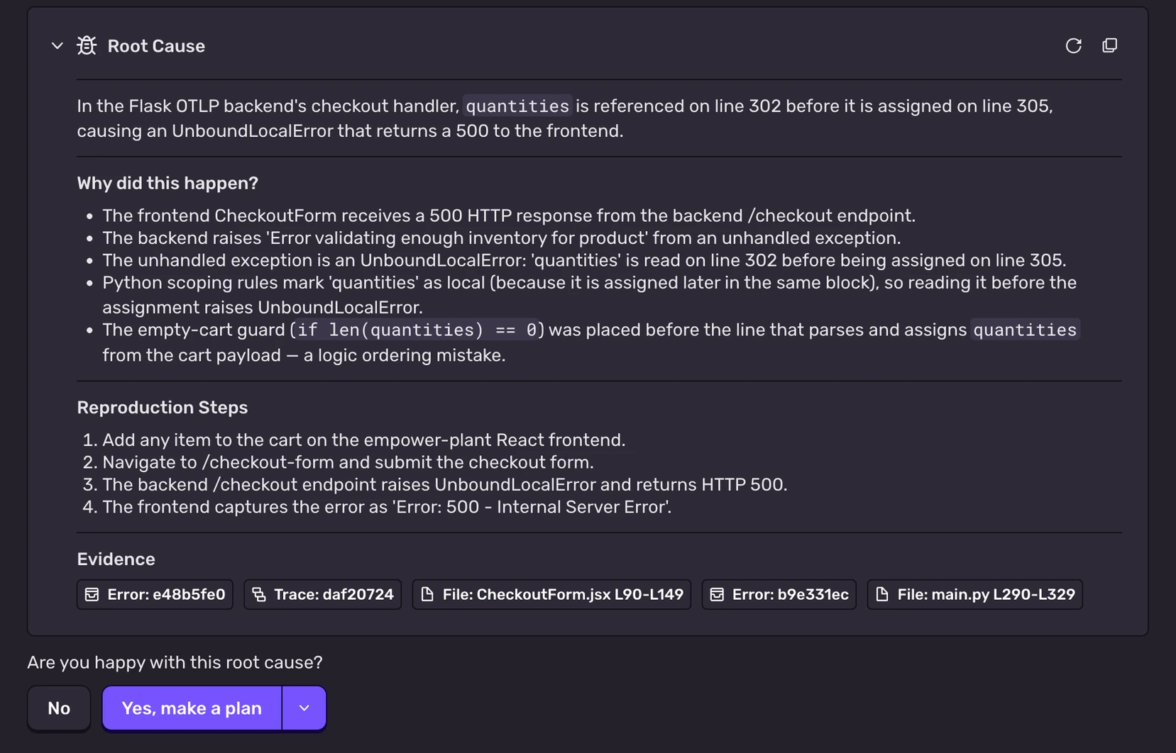 Seer root cause panel diagnosing an UnboundLocalError in a Flask checkout handler, with reproduction steps and evidence