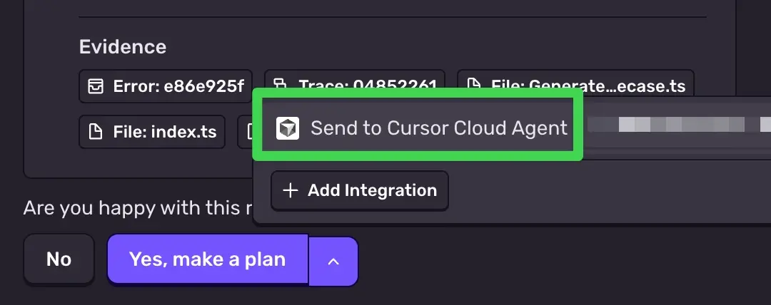 Seer Autofix interface showing the Send to Cursor Cloud Agent option in the dropdown menu
