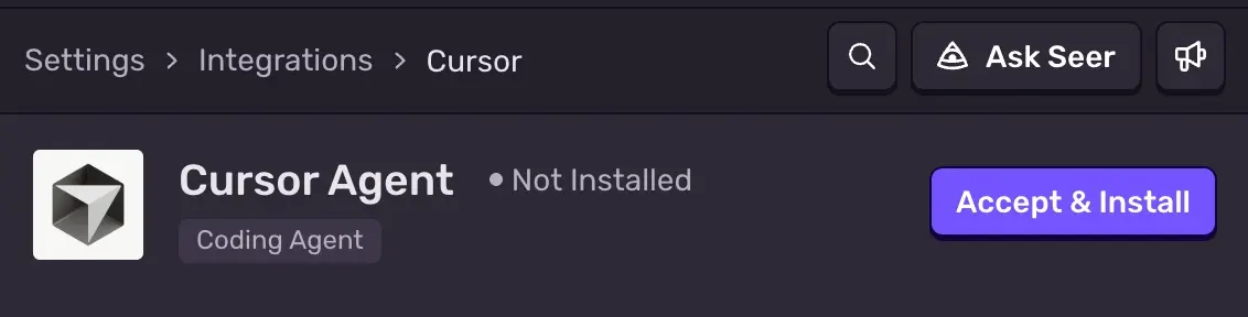 Sentry Settings showing the Cursor Agent integration page with Accept and Install button