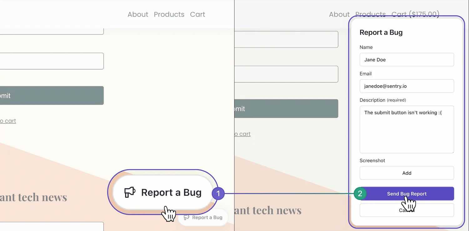 Sentry user feedback widget showing Report a Bug button and bug report submission form