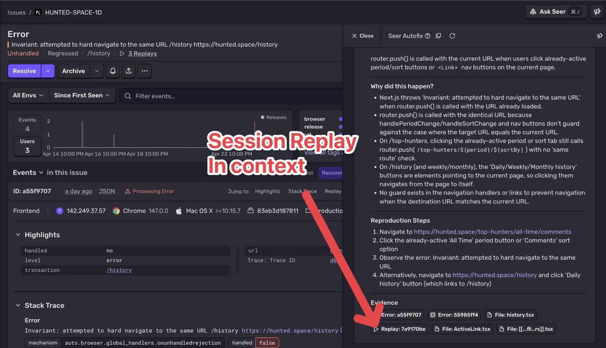 Sentry issue detail page with Seer Autofix panel showing Session Replay evidence for a navigation error on hunted.space