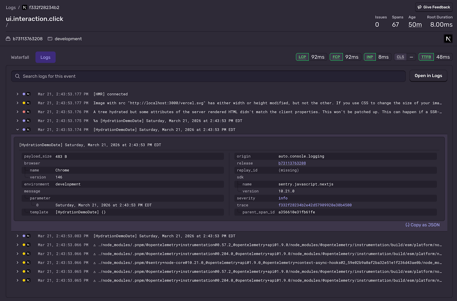Sentry Logs tab showing a ui.interaction.click event trace with an expanded HydrationDemoDate log entry, displaying Chrome version 146 metadata in a development environment.