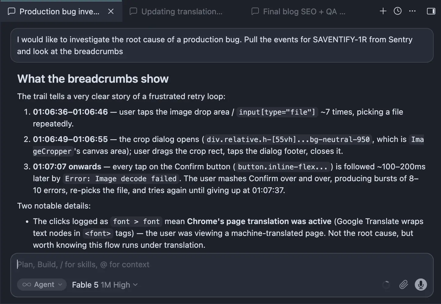 Cursor IDE using the Sentry MCP to investigate production breadcrumbs for a bug report
