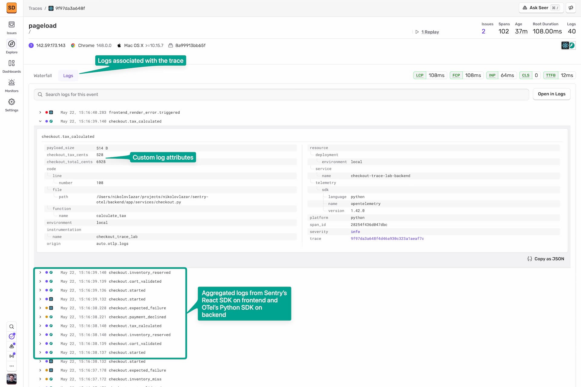 Sentry trace-associated logs showing backend OpenTelemetry logs along with frontend Sentry logs for the checkout flow.
