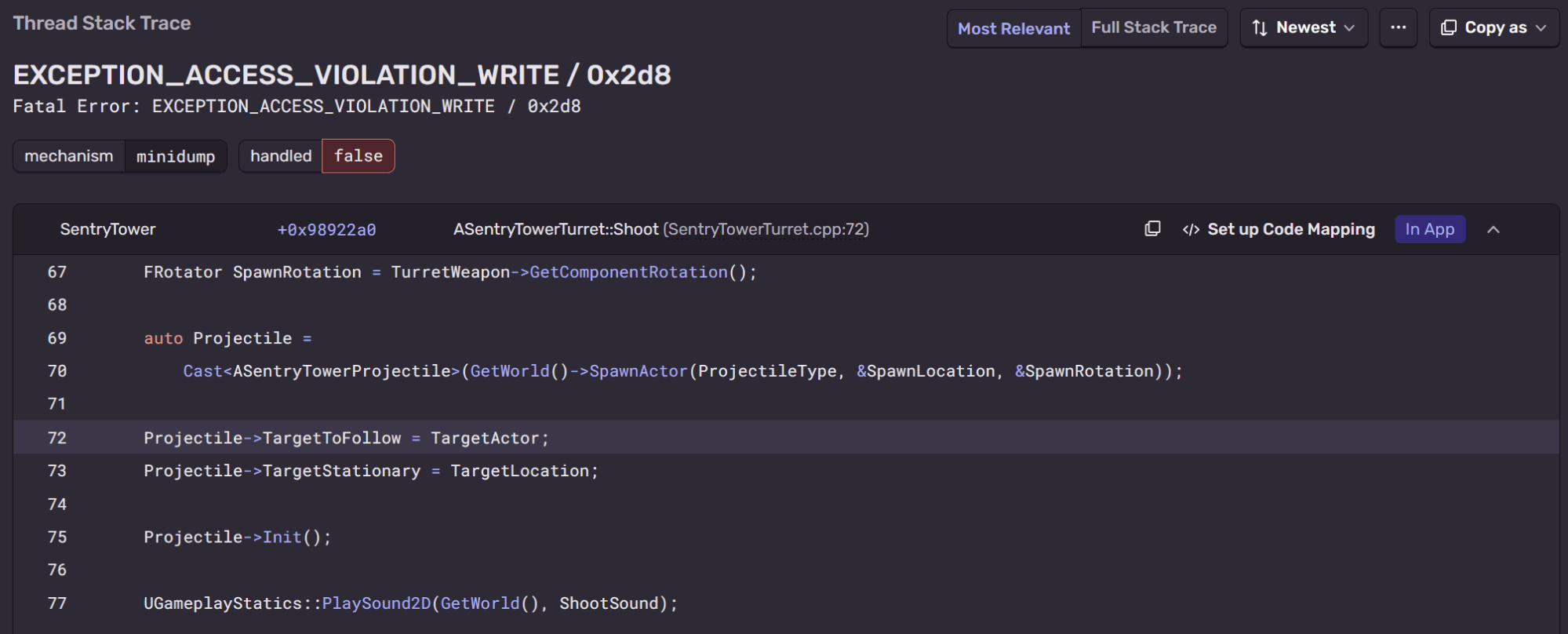 Sentry stack trace for an EXCEPTION_ACCESS_VIOLATION_WRITE in ASentryTowerTurret::Shoot at SentryTowerTurret.cpp line 72