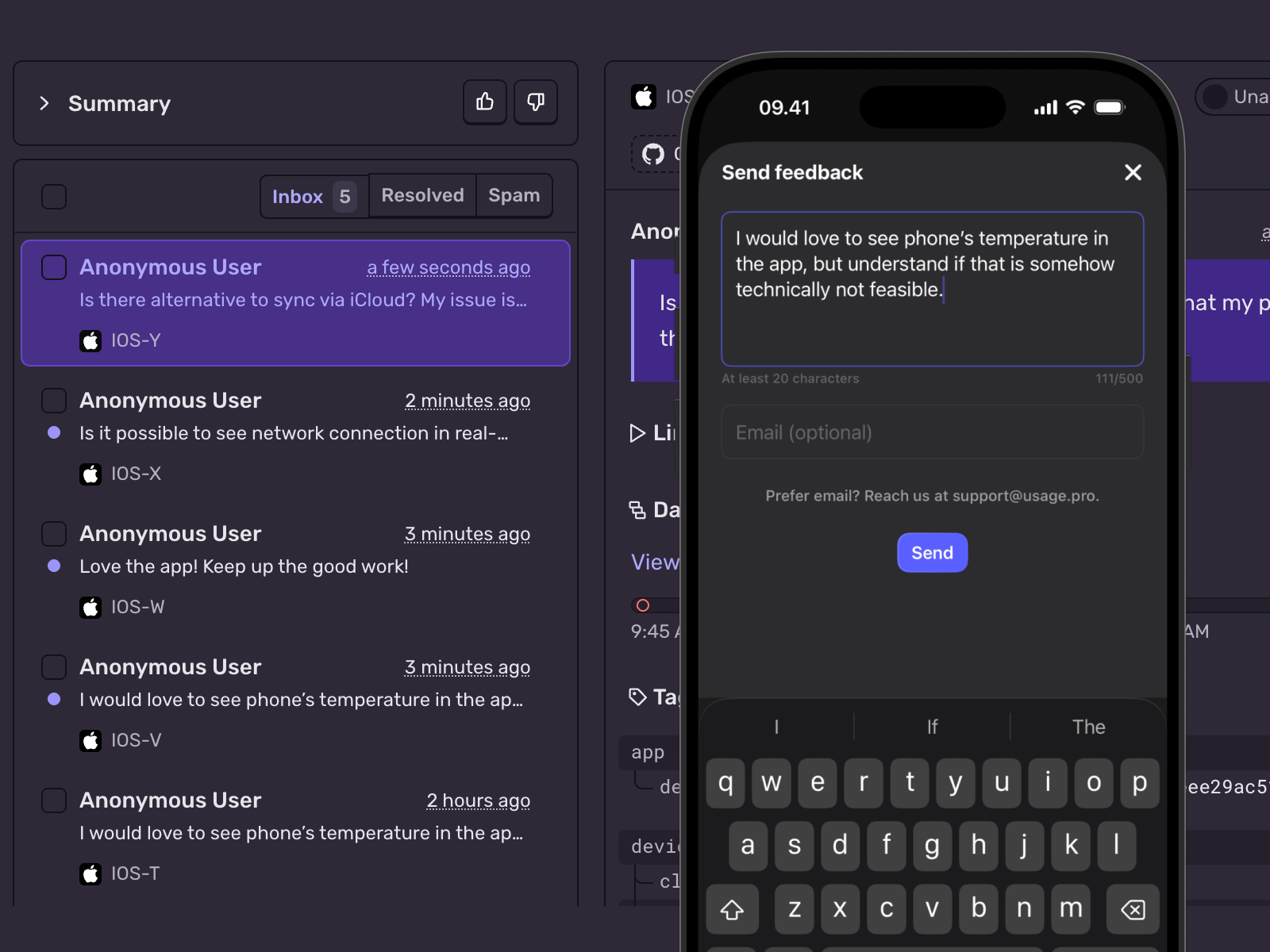 Sentry User Feedback inbox with user messages alongside the in-app feedback form on iPhone