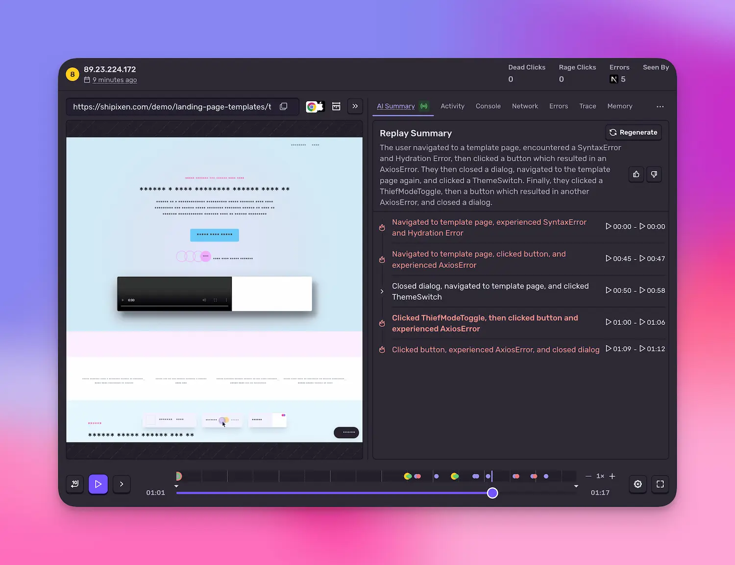 Sentry Session Replay AI Summary panel showing timestamped user navigation and error events
