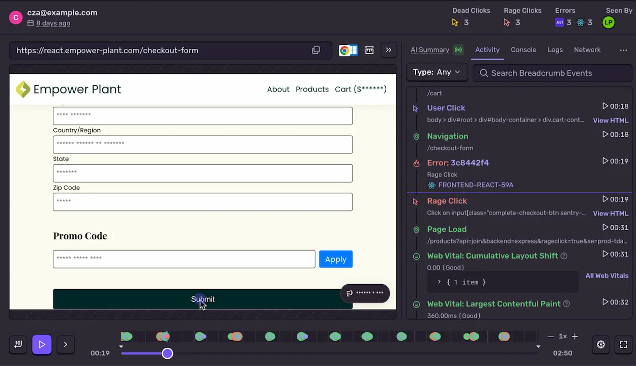 Sentry Session Replay player showing a checkout form with masked input fields and a breadcrumb activity panel