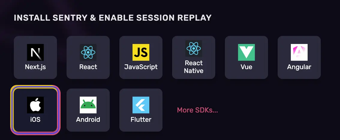 Sentry install page showing supported Session Replay platforms including Next.js, React, iOS, and Android