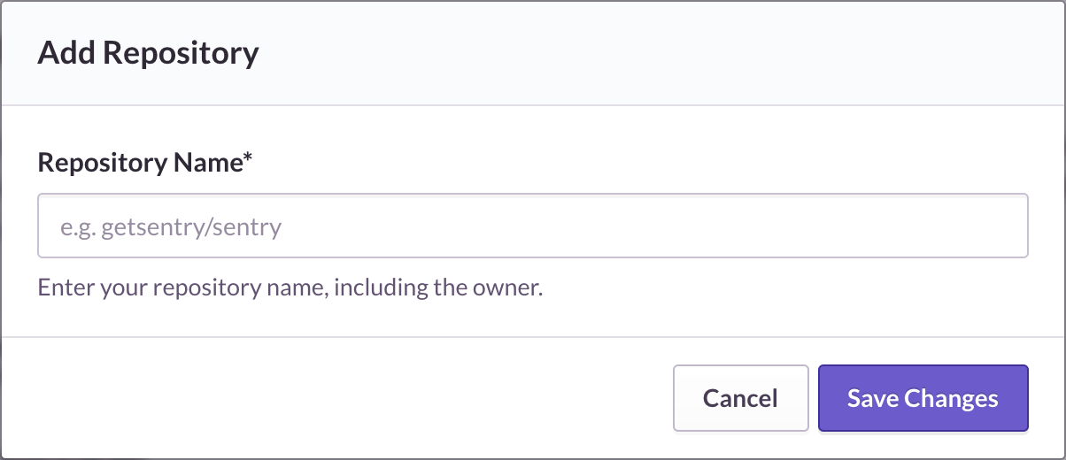 Sentry Add Repository dialog with a repository name input field