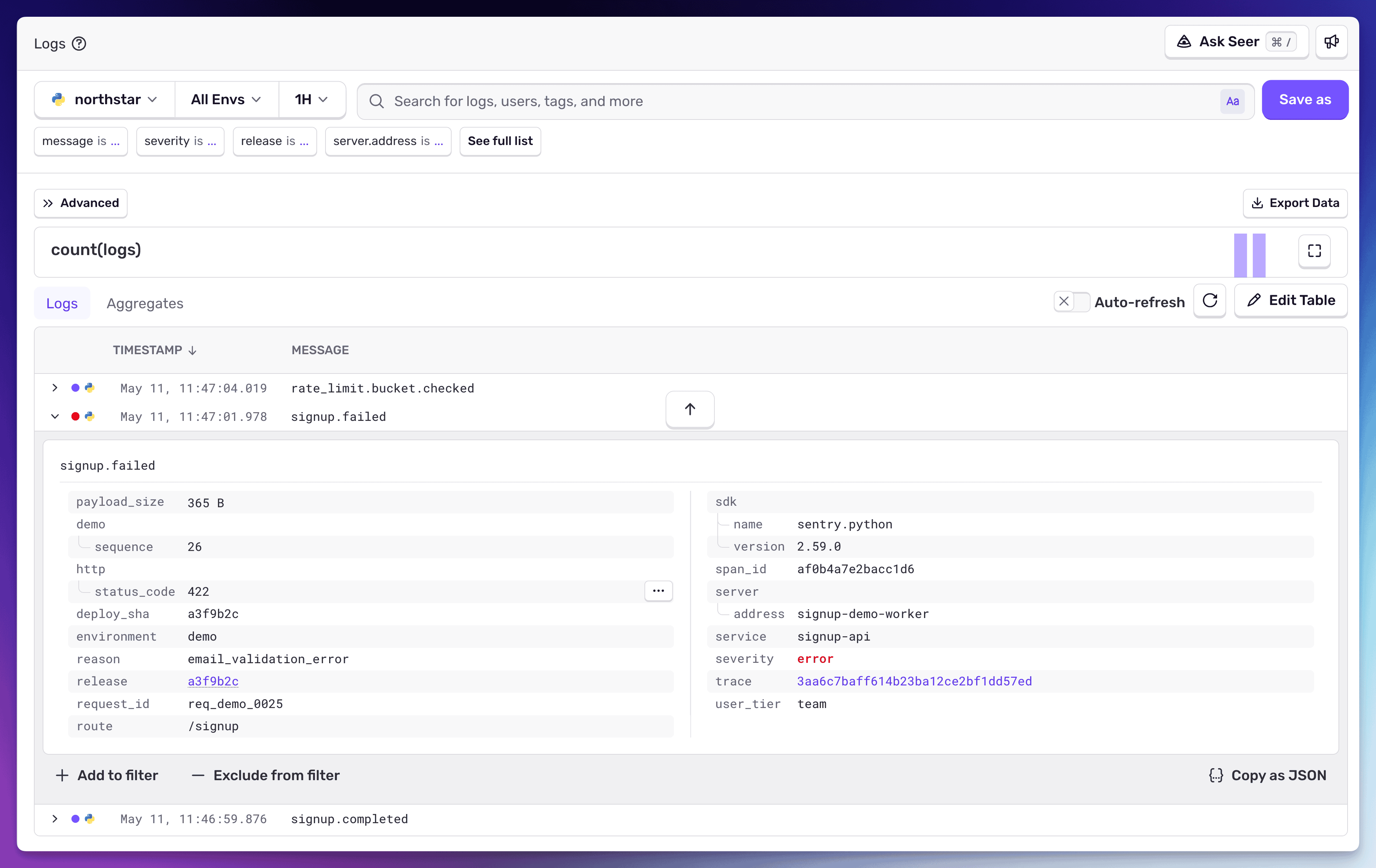 Sentry Logs view showing a signup.failed structured log with attributes including reason, deploy_sha, severity, and linked trace ID