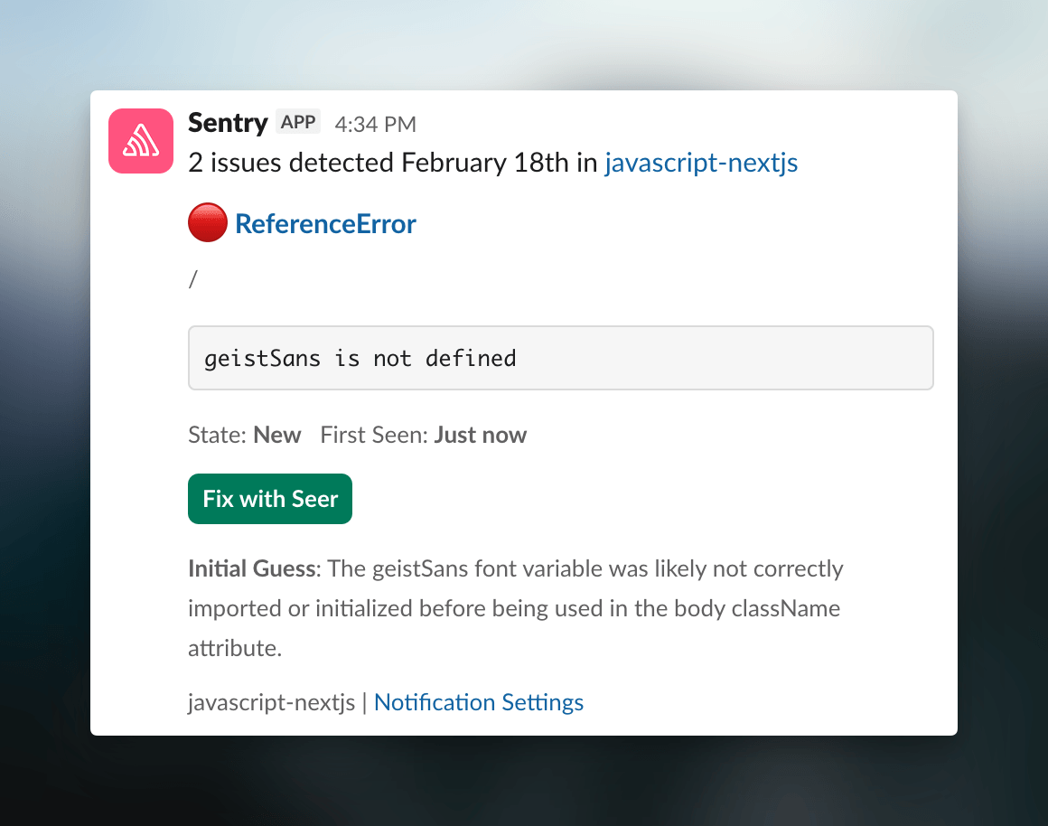 Slack notification for a ReferenceError in javascript-nextjs with a 'Fix with Seer' button and an initial guess about the root cause