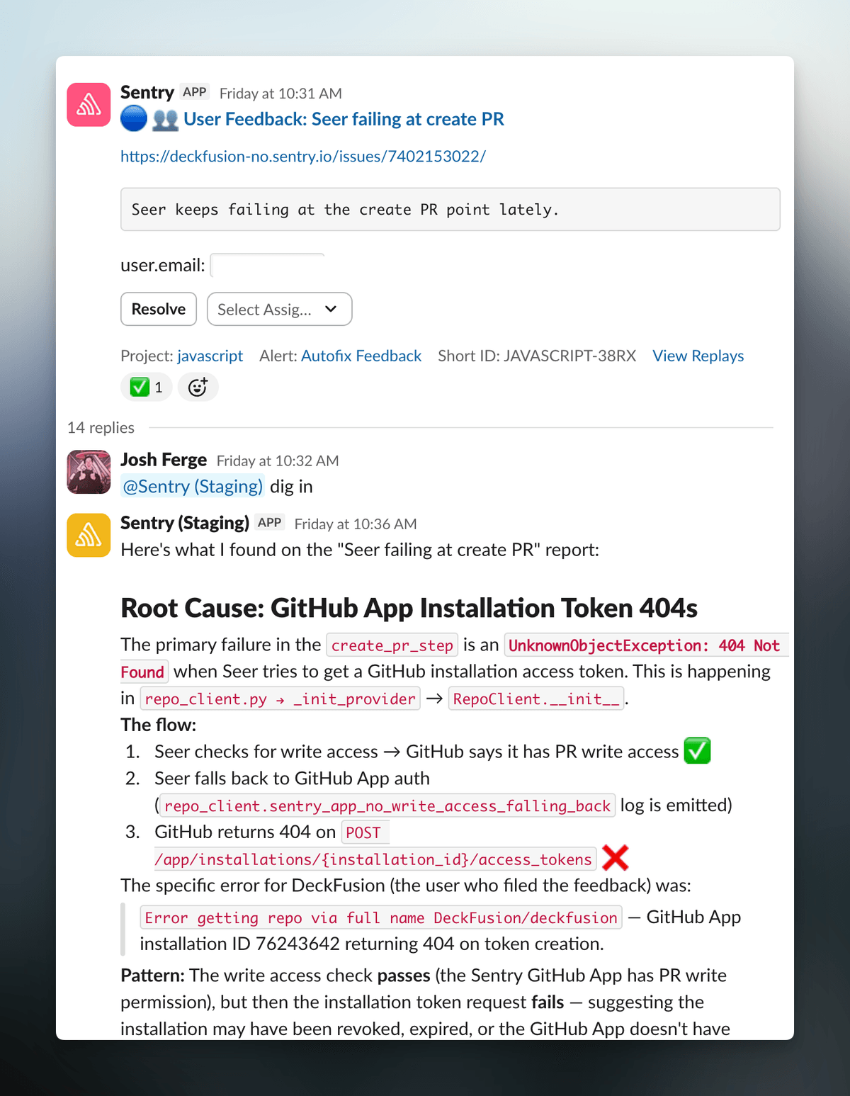 Slack thread showing Seer Agent investigating a user feedback report about Seer failing at the create PR step, with a detailed root cause analysis on GitHub App installation token 404s