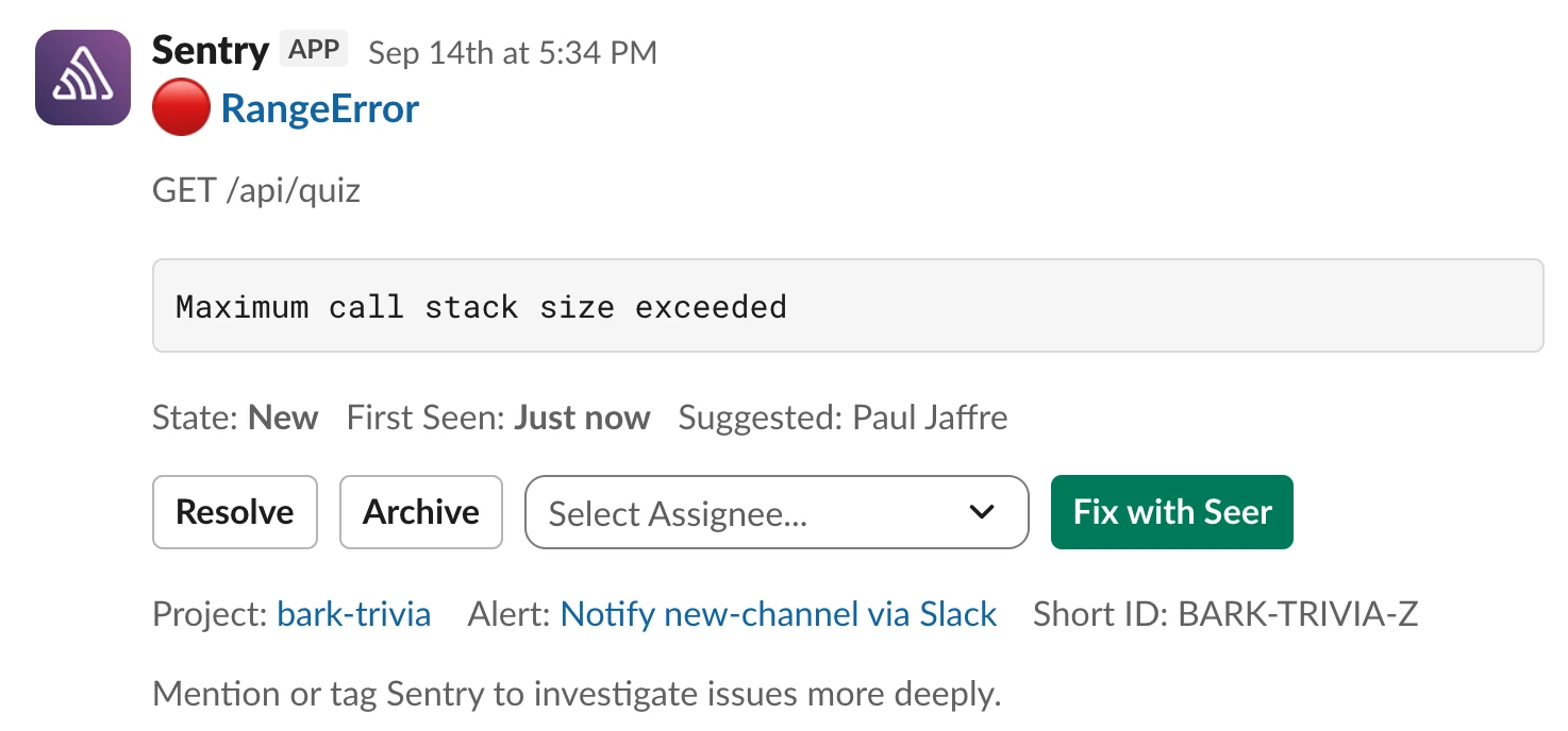 A Sentry alert in Slack for a RangeError, with Resolve, Archive and Fix with Seer buttons