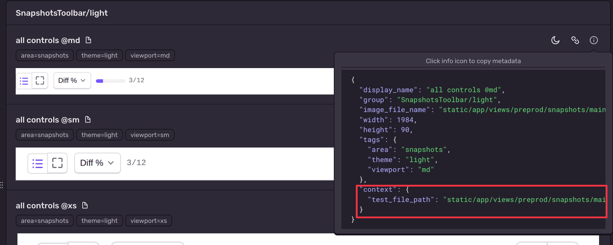 Sentry Snapshots metadata panel showing context with test_file_path for the SnapshotsToolbar component