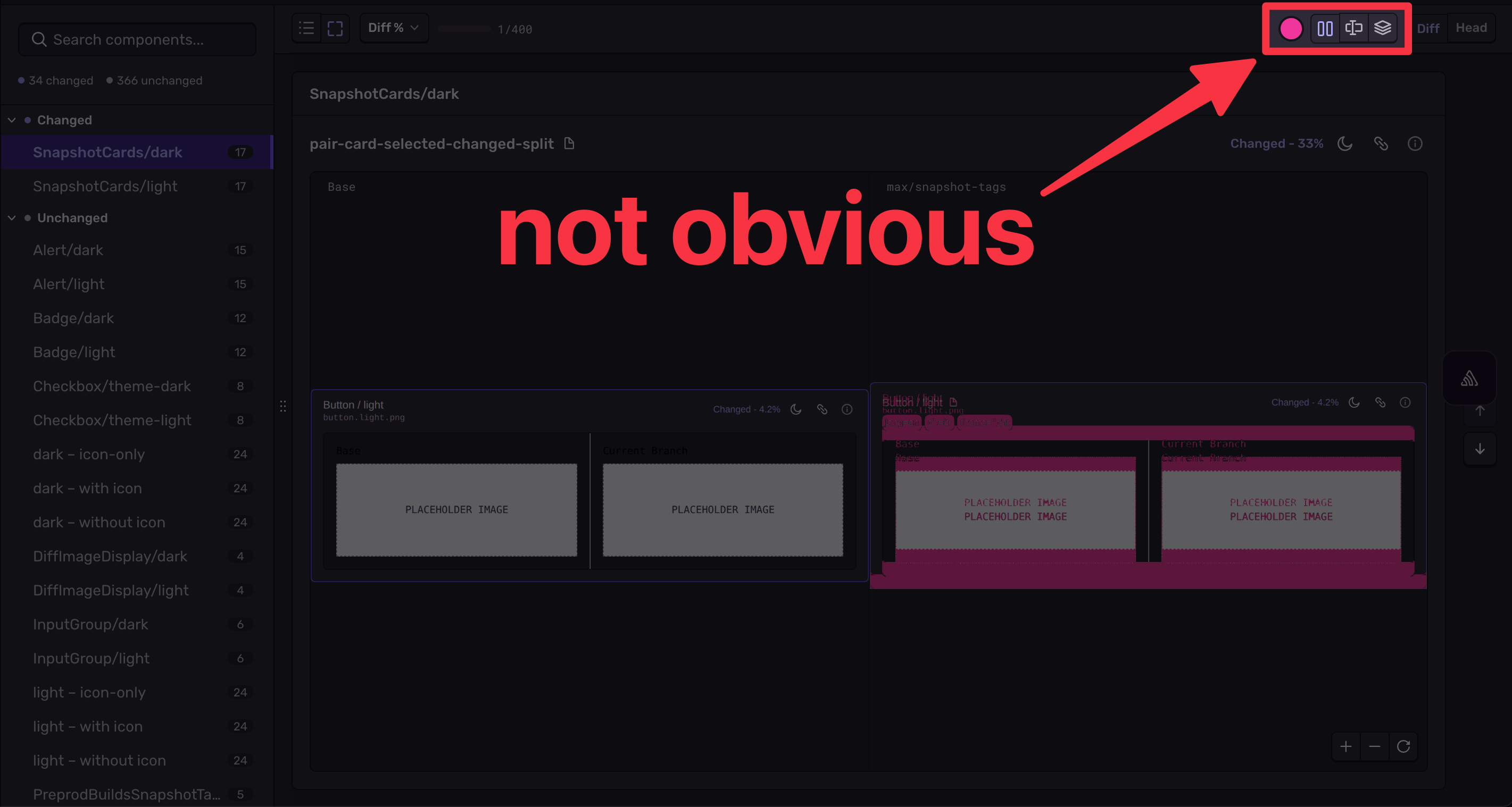 Sentry Snapshots UI with annotation showing toolbar diff view controls are not obvious to users