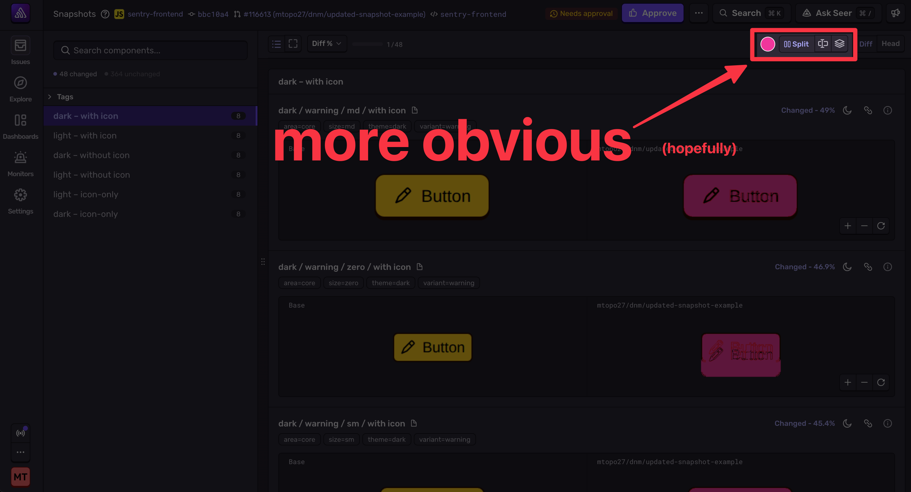 Updated Sentry Snapshots UI with improved toolbar showing Split label and more visible diff view controls