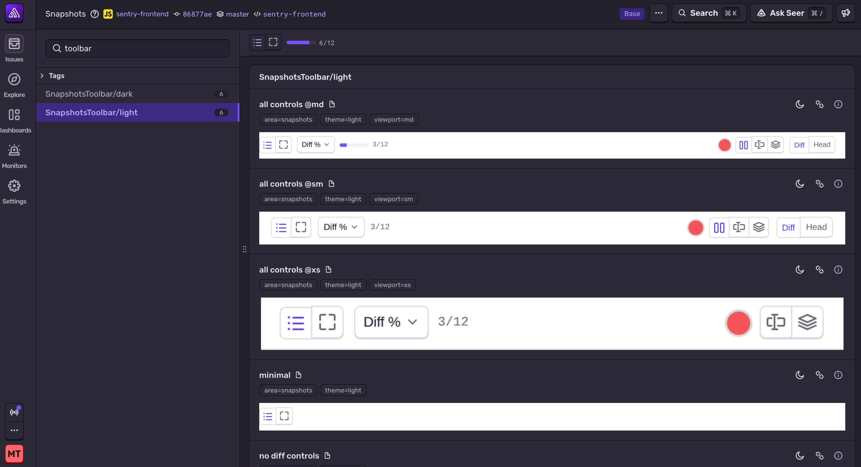 Sentry Snapshots showing SnapshotsToolbar light theme variants at multiple viewport sizes