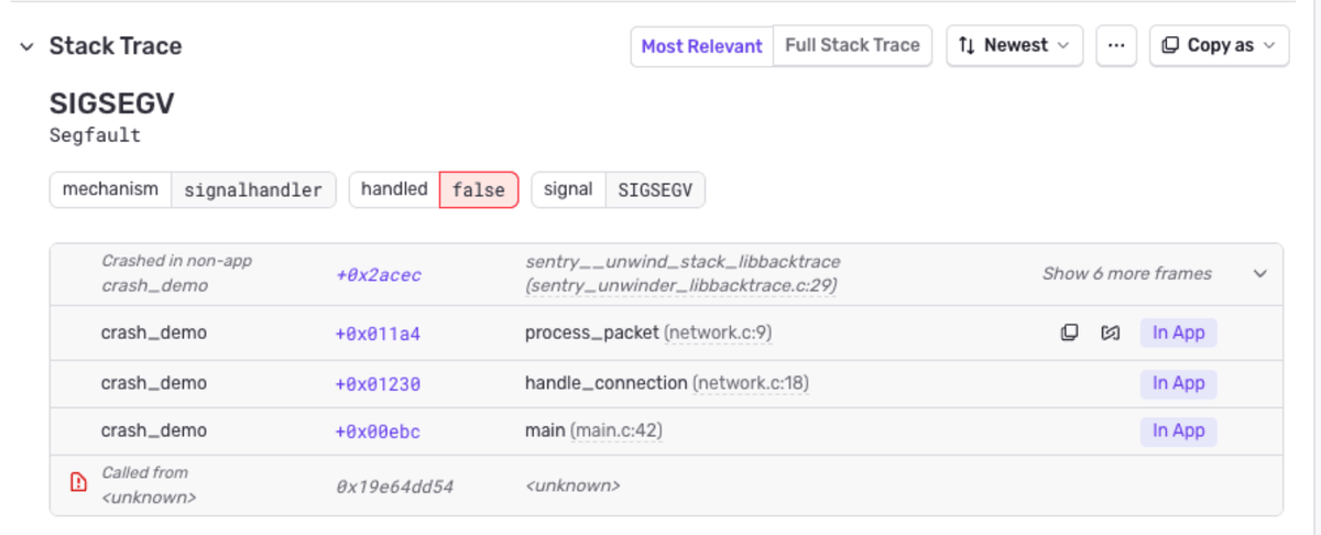 Stack trace in Sentry showing a SIGSEGV crash without inline source context