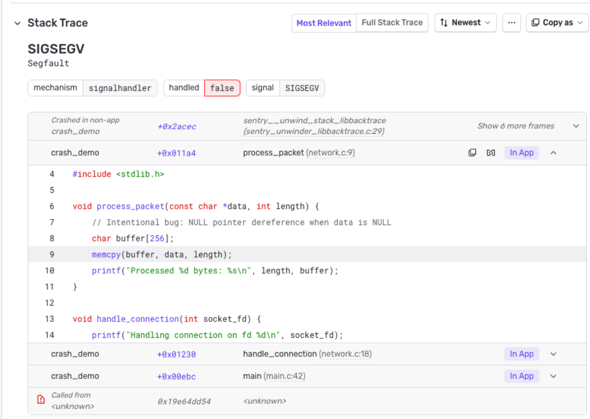 Stack trace in Sentry showing a SIGSEGV crash with inline source code context