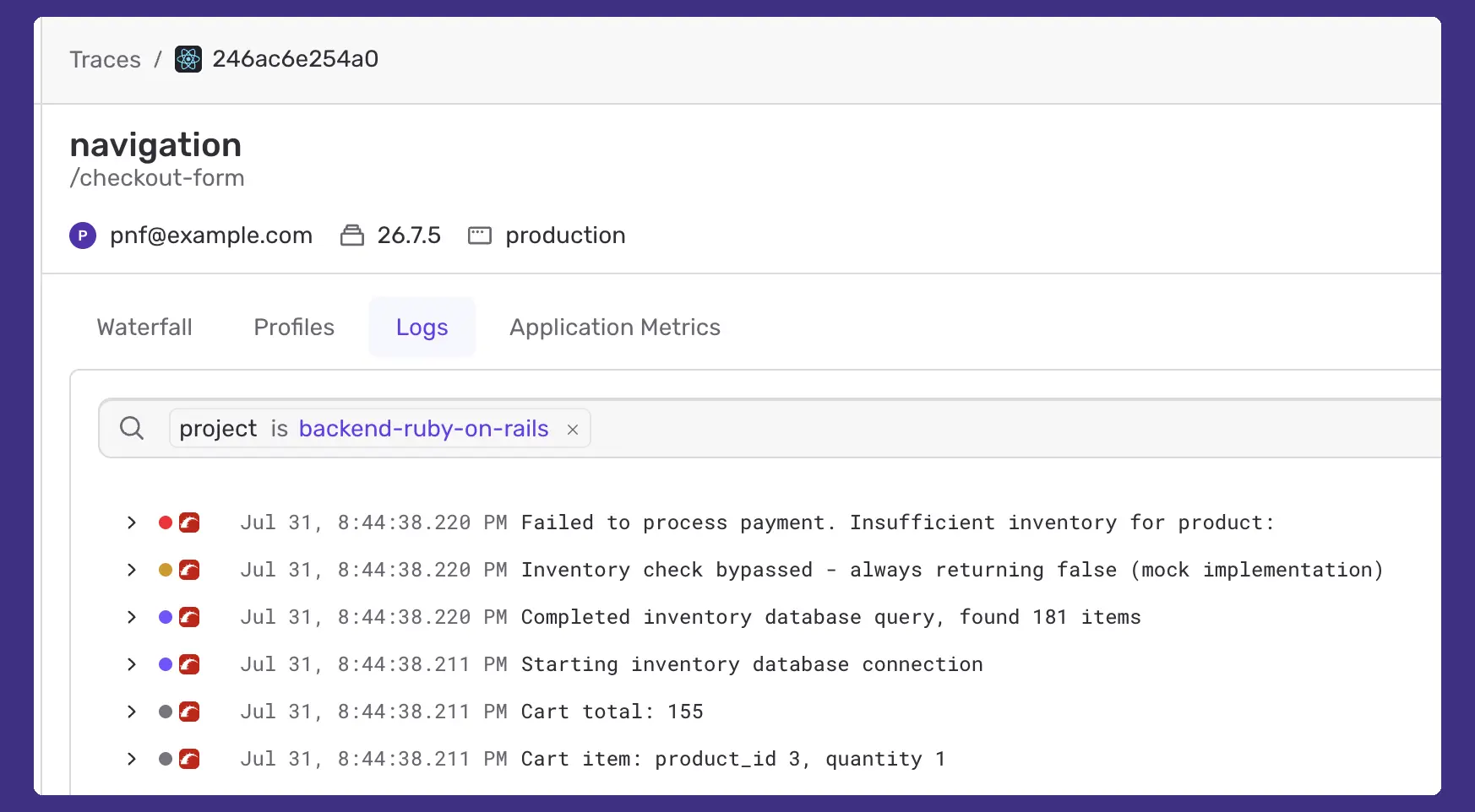 Sentry trace view Logs tab with a project filter applied, showing log lines for a checkout-form navigation span