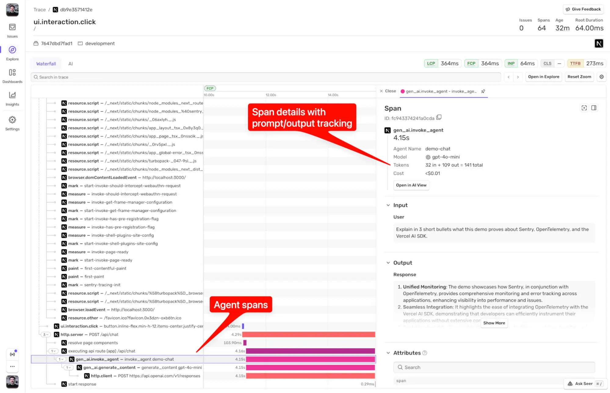 Sentry trace waterfall with gen_ai agent spans and a span detail panel showing model, tokens, cost, input, and output