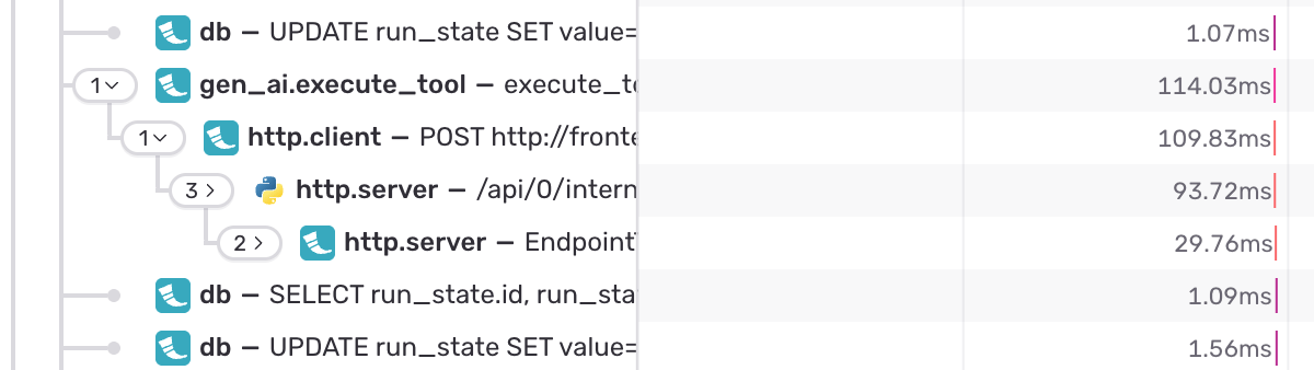 Trace waterfall showing the backend API request and database spans triggered by a tool call
