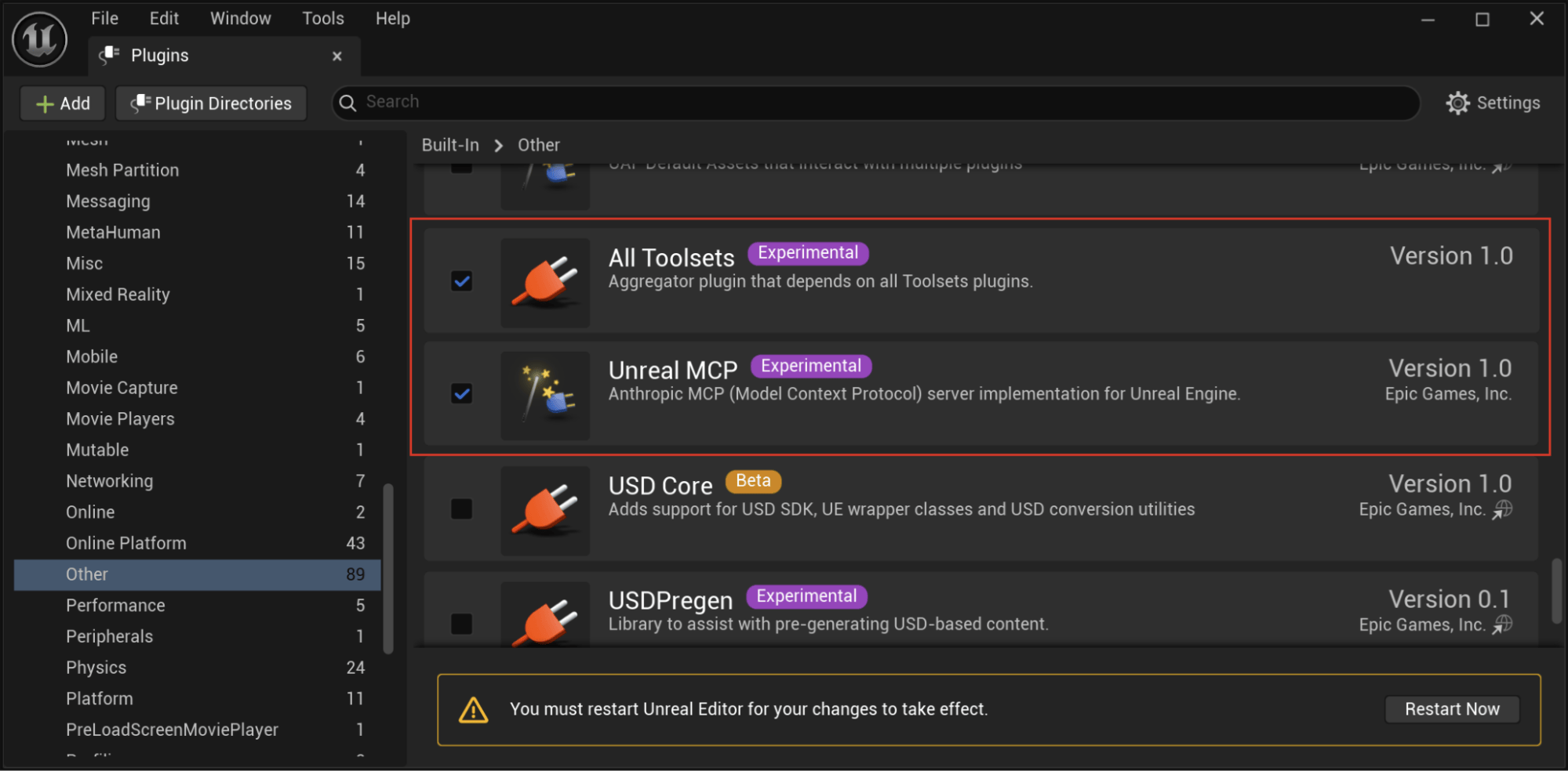 Unreal Editor Plugins window with the experimental All Toolsets and Unreal MCP plugins enabled