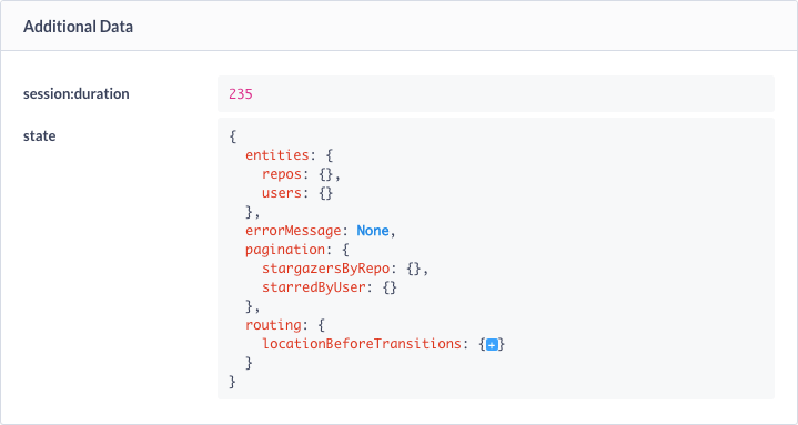 Sentry additional data panel showing Redux store state and session duration as extra context