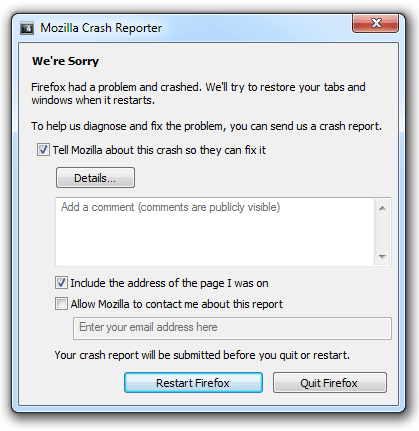 Firefox Crash Dialog