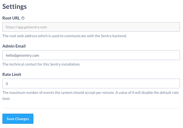 Sentry Admin settings page with root URL, admin email, and rate limit fields