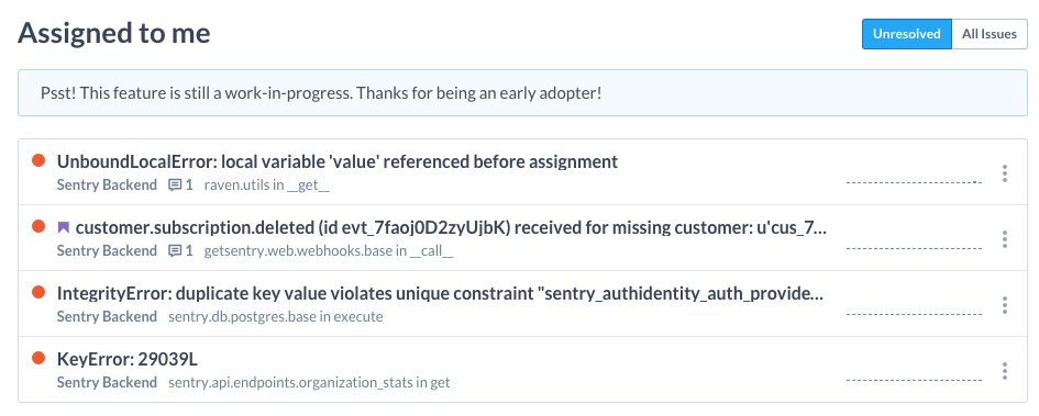 Sentry "Assigned to me" issues view listing unresolved errors with project and source details